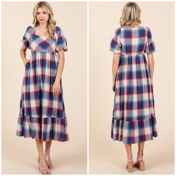 POLAGRAM Plaid Pattern Short Sleeves Midi Dress - Picture 5 of 11